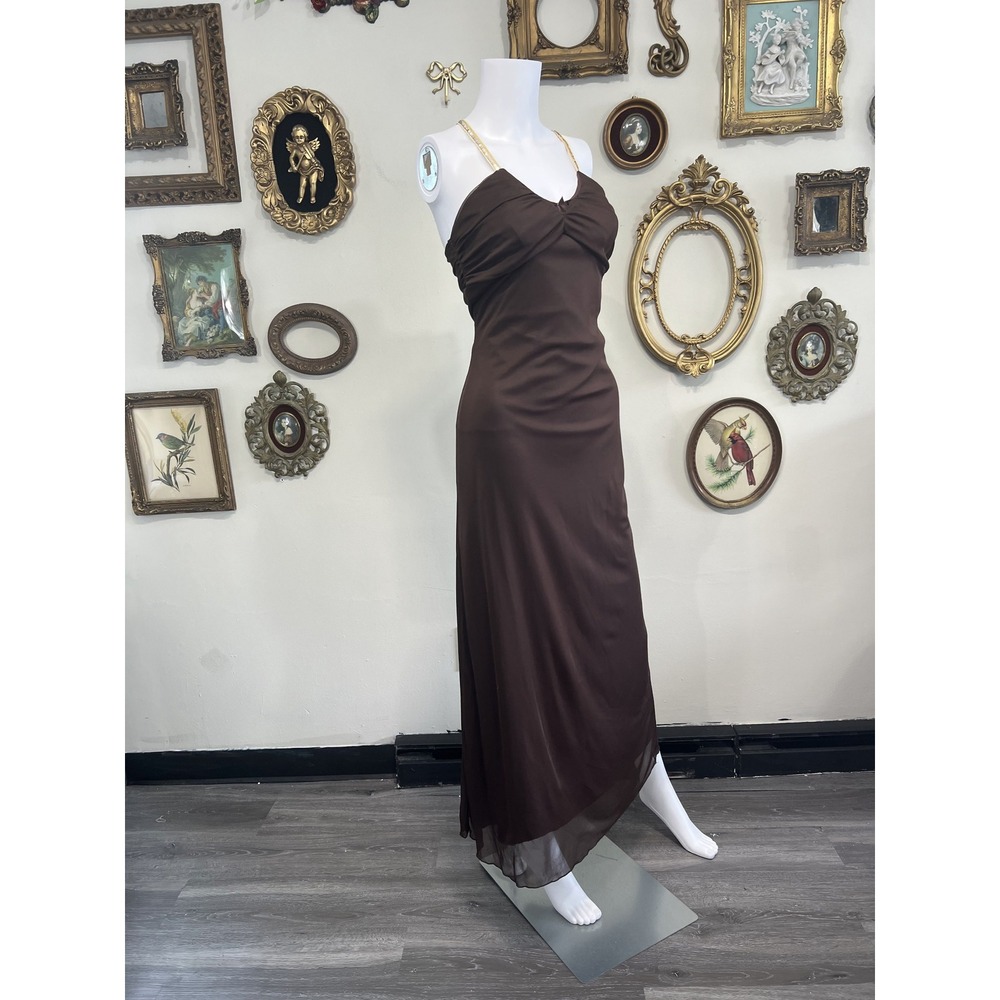 vintage y2k formal Ruby Rox Vintage Sequin Strap Mesh Maxi Dress Size S Brown